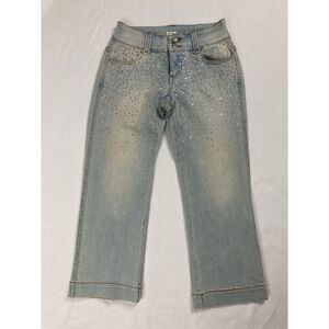 Cache Blue Acid Wash Rhinestone Cuffed Mid Rise Jeans Womens 4